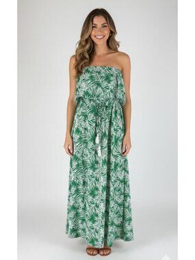 JAPNA womens DRESS green HAWAIIN white TROPICAL strapless BOHO maxi SIZE M